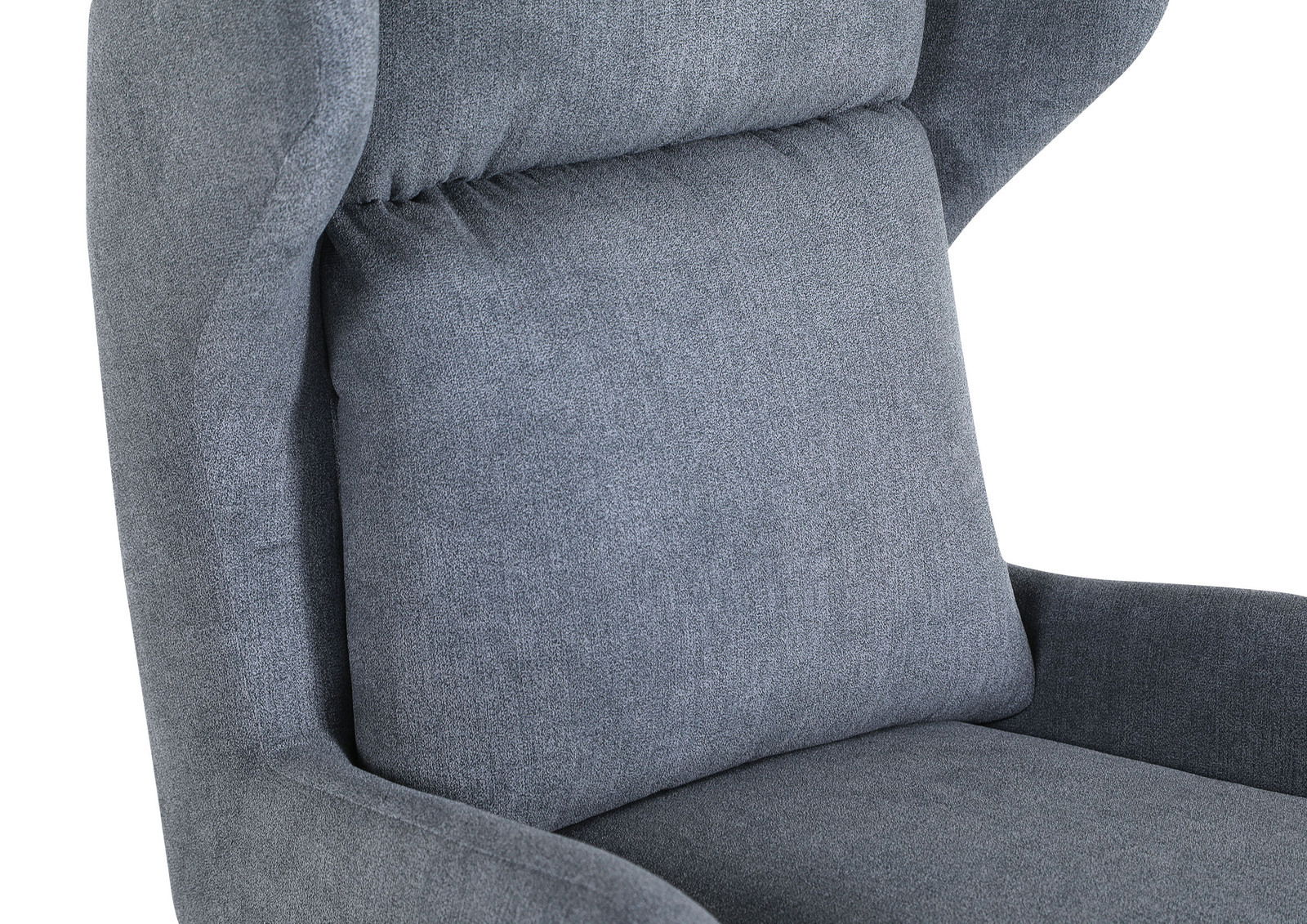 Nahaufnahme eines grauen Ohrensessels aus Stoff, Ansicht von vorne.