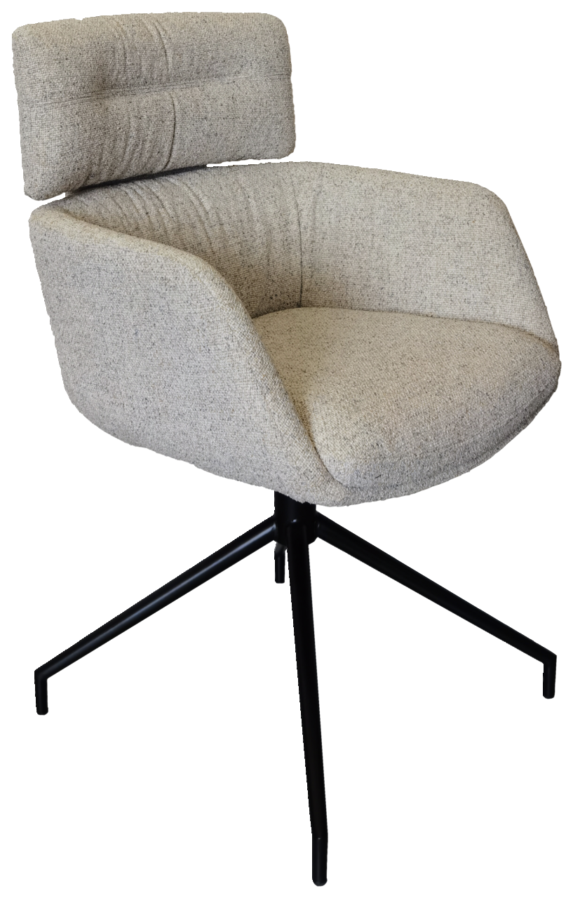 Moderner Armlehnstuhl mit hellgrauem Stoffbezug und schwarzem Metallgestell, seitliche Perspektive