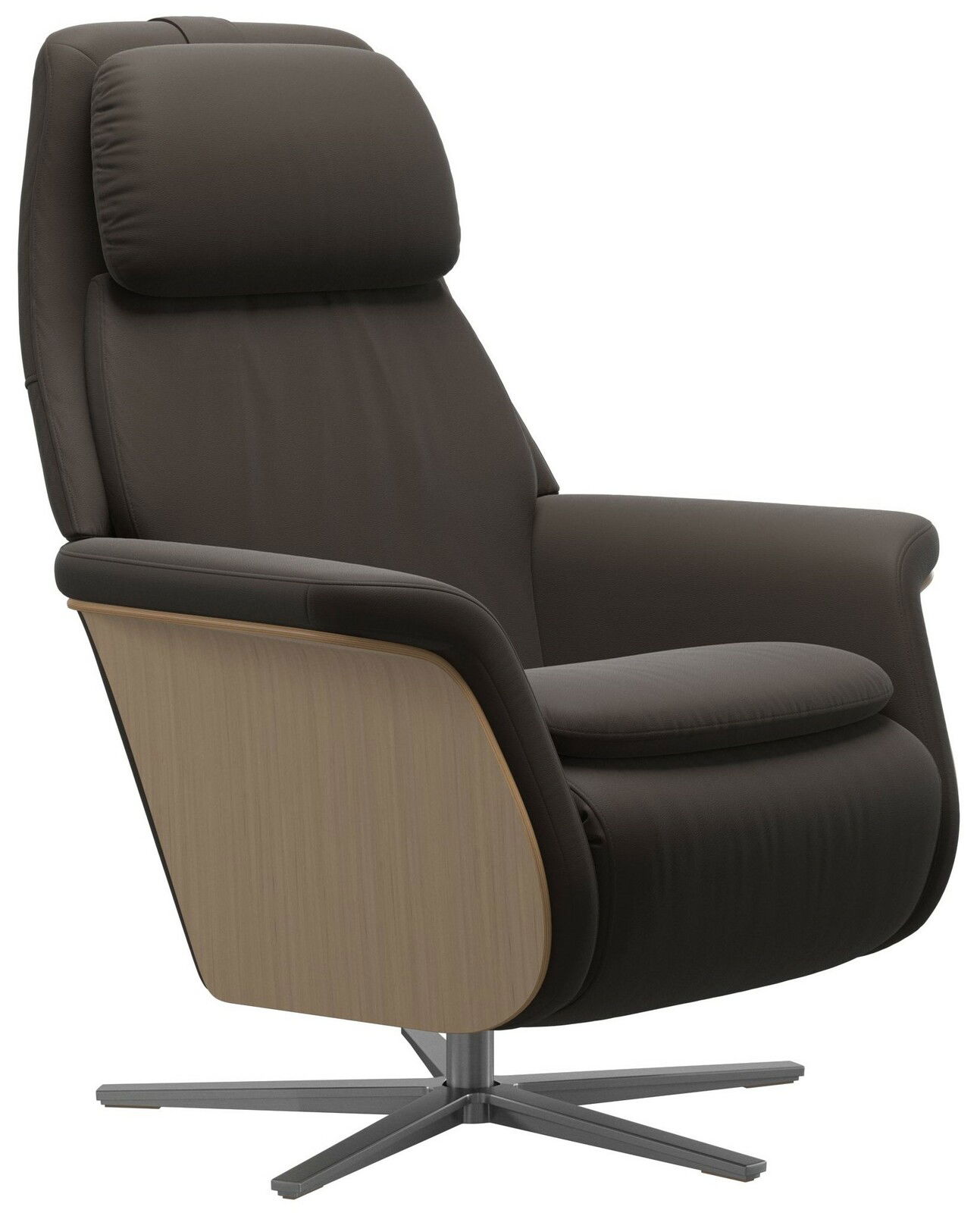 Moderner brauner Fernsehsessel mit Holzseitenteilen und Metallfuß, seitliche Perspektive