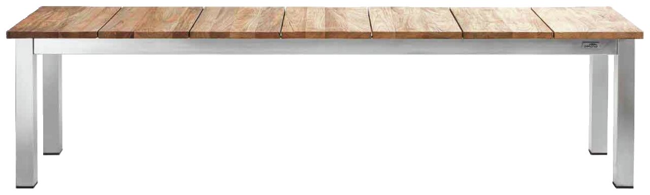 Gartenbank aus Holz und Metall, frontal fotografiert