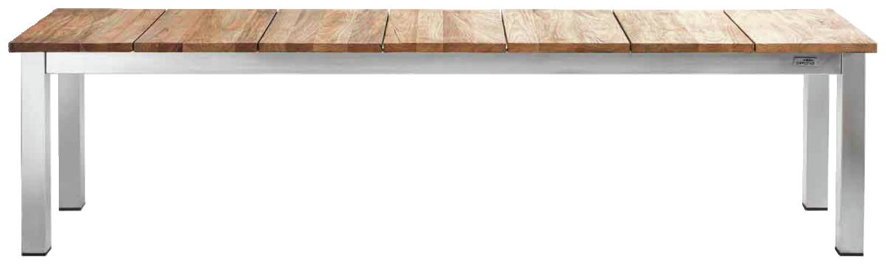 Gartenbank aus Holz und Metall, frontal fotografiert