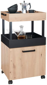 Moderner Bar-Servierwagen aus Holz mit schwarzem Metallrahmen, ausgestattet mit Rollen. Ansicht von vorne.