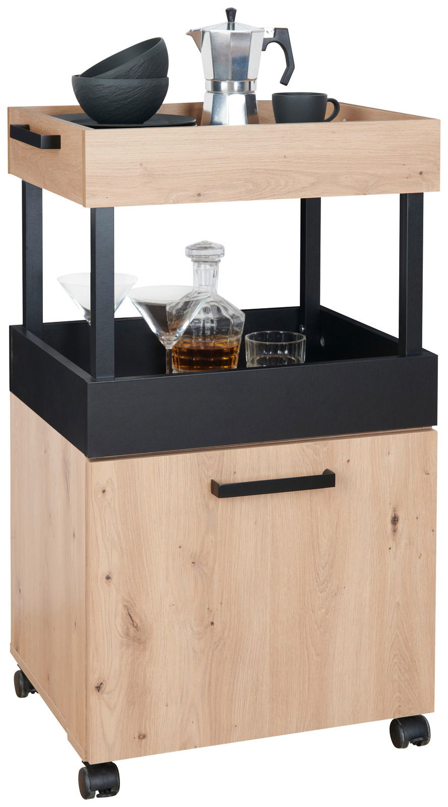 Moderner Bar-Servierwagen aus Holz mit schwarzem Metallrahmen, ausgestattet mit Rollen. Ansicht von vorne.