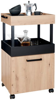 Moderner Bar-Servierwagen aus Holz mit schwarzem Metallrahmen, ausgestattet mit Rollen. Ansicht von vorne.