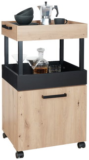 Moderner Bar-Servierwagen aus Holz mit schwarzem Metallrahmen, ausgestattet mit Rollen. Ansicht von vorne.