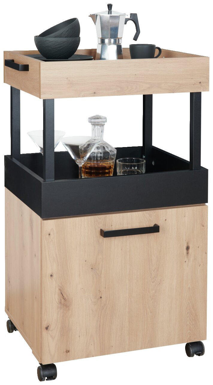 Moderner Bar-Servierwagen aus Holz mit schwarzem Metallrahmen, ausgestattet mit Rollen. Ansicht von vorne.