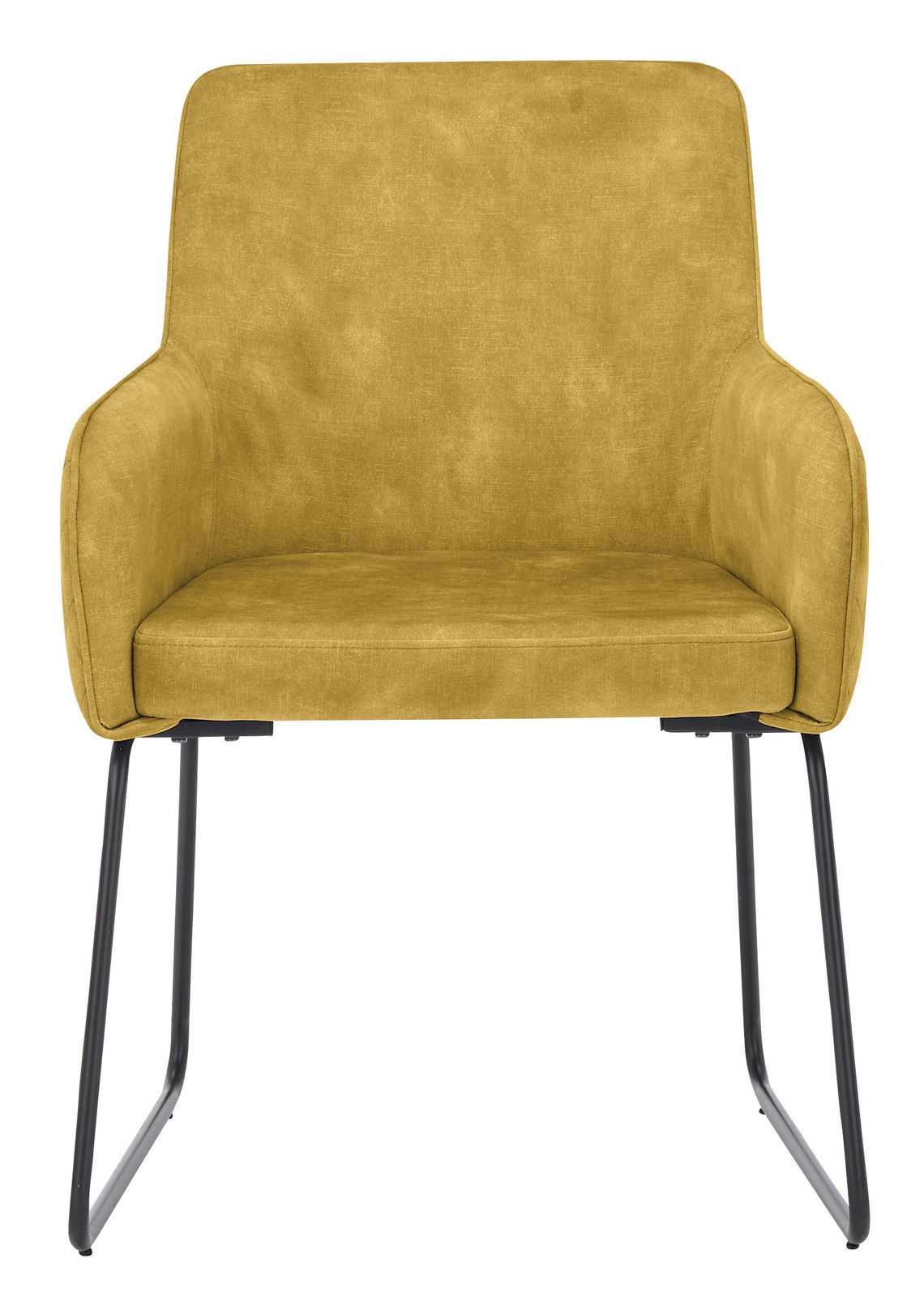 Gelber Kufenstuhl aus der Frontalperspektive mit schwarzem Metallgestell