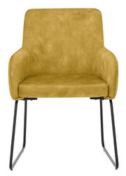 Gelber Kufenstuhl aus der Frontalperspektive mit schwarzem Metallgestell