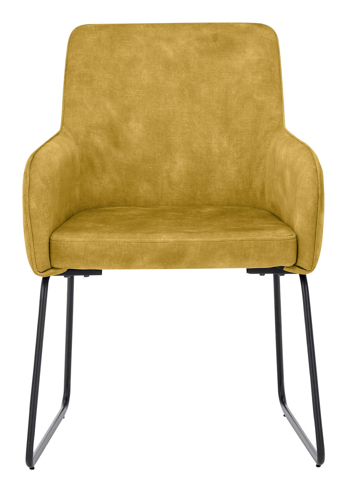 Gelber Kufenstuhl aus der Frontalperspektive mit schwarzem Metallgestell