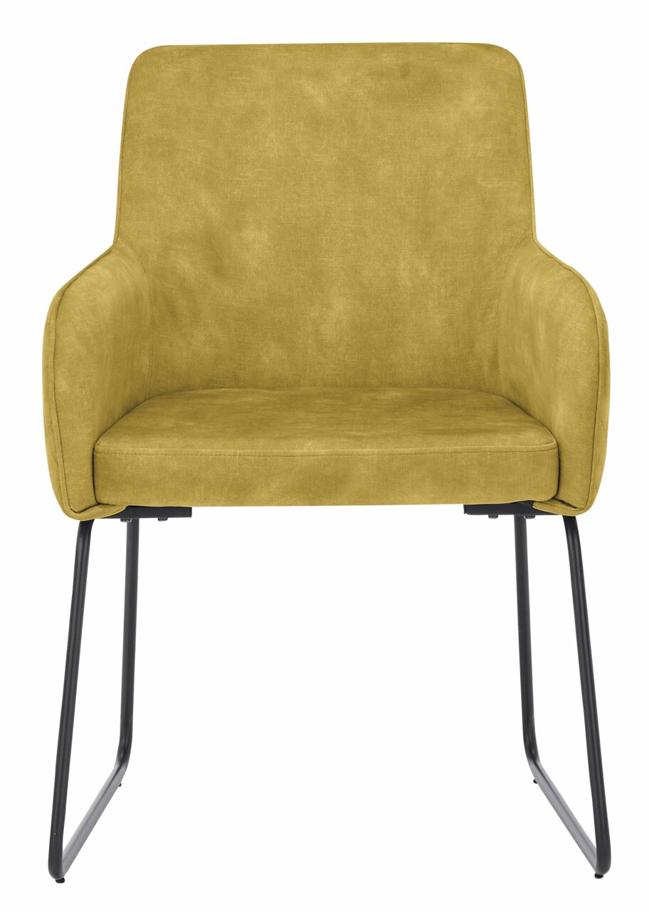 Gelber Kufenstuhl aus der Frontalperspektive mit schwarzem Metallgestell