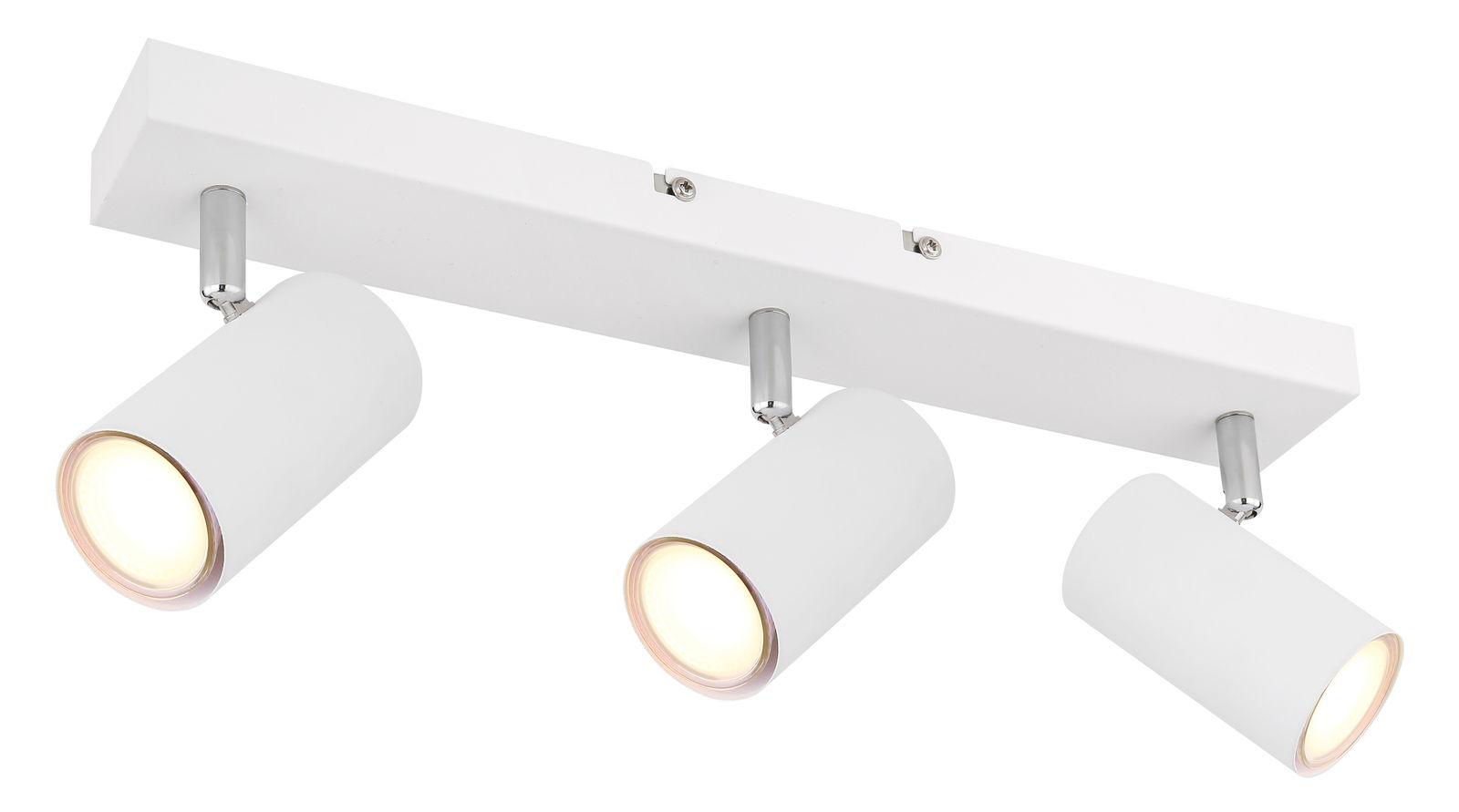 Moderner weißer Deckenstrahler mit drei verstellbaren Leuchten, seitliche Perspektive