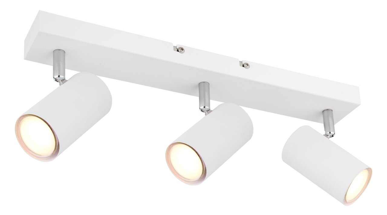 Moderner weißer Deckenstrahler mit drei verstellbaren Leuchten, seitliche Perspektive