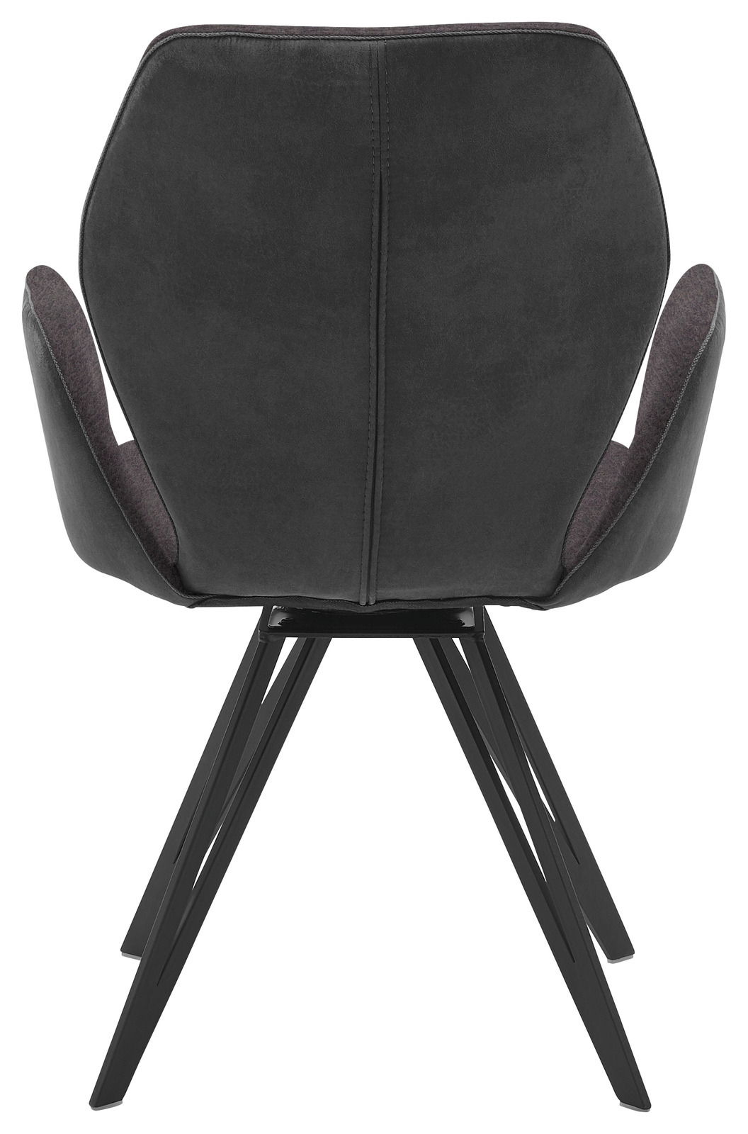 Rückansicht eines modernen Armlehnenstuhls mit schwarzem Bezug und Metallbeinen