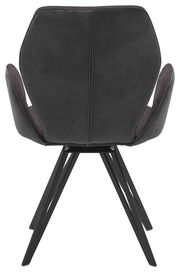 Rückansicht eines modernen Armlehnenstuhls mit schwarzem Bezug und Metallbeinen