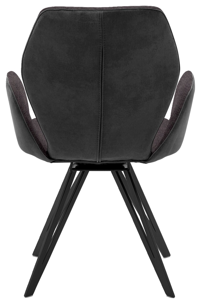 Rückansicht eines modernen Armlehnenstuhls mit schwarzem Bezug und Metallbeinen