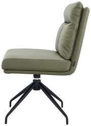 Moderner grüner Stuhl mit gepolsterter Sitzfläche und Rückenlehne, seitliche Ansicht