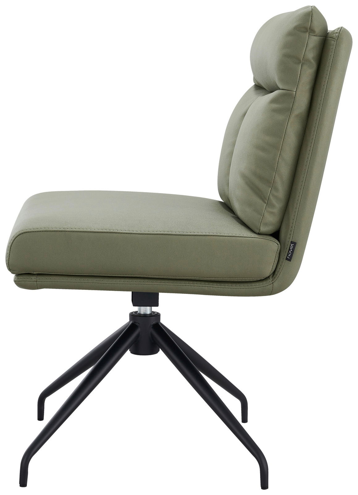 Moderner grüner Stuhl mit gepolsterter Sitzfläche und Rückenlehne, seitliche Ansicht