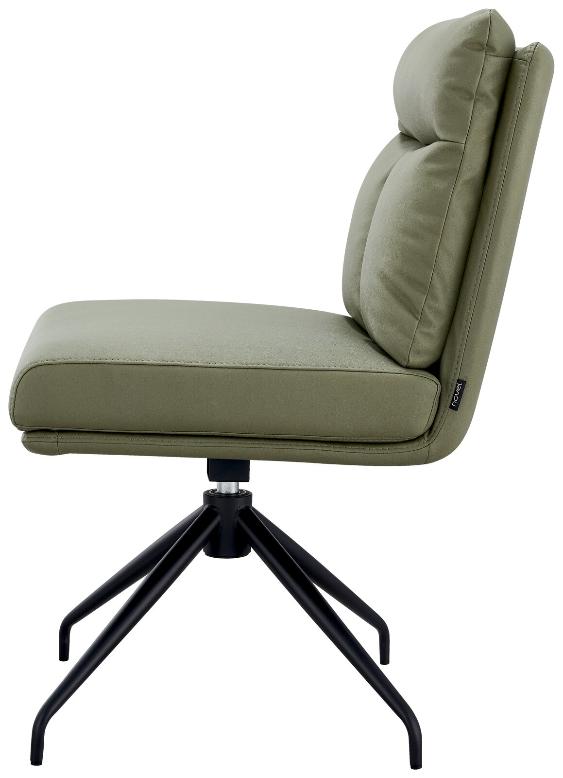 Moderner grüner Stuhl mit gepolsterter Sitzfläche und Rückenlehne, seitliche Ansicht