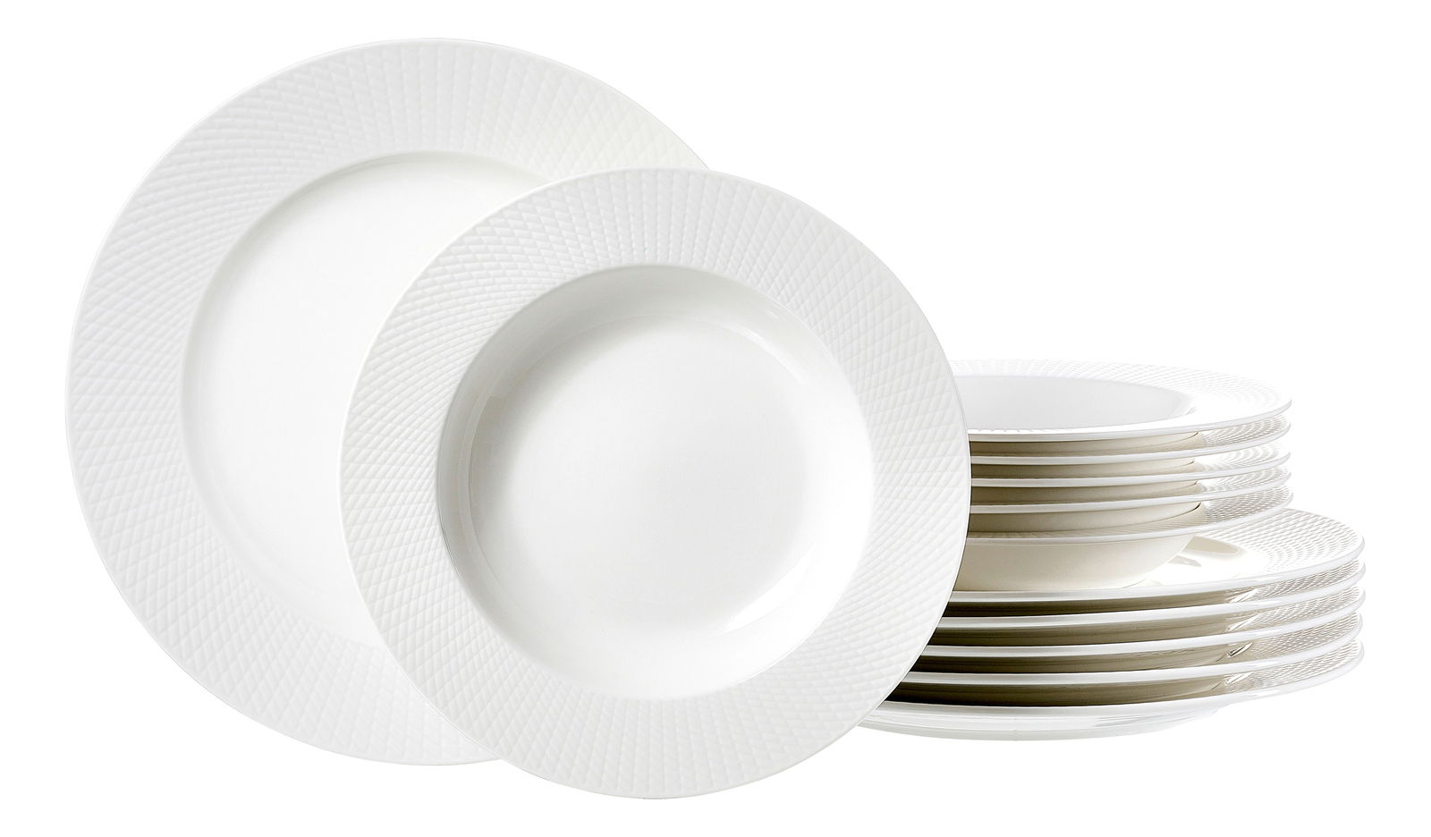 Ritzenhoff & Breker Tafelset 12-tlg. SAPHIR Ein 12-teiliges Tafelset aus weißem Porzellan mit elegantem Rillenmuster, seitliche Perspektive.