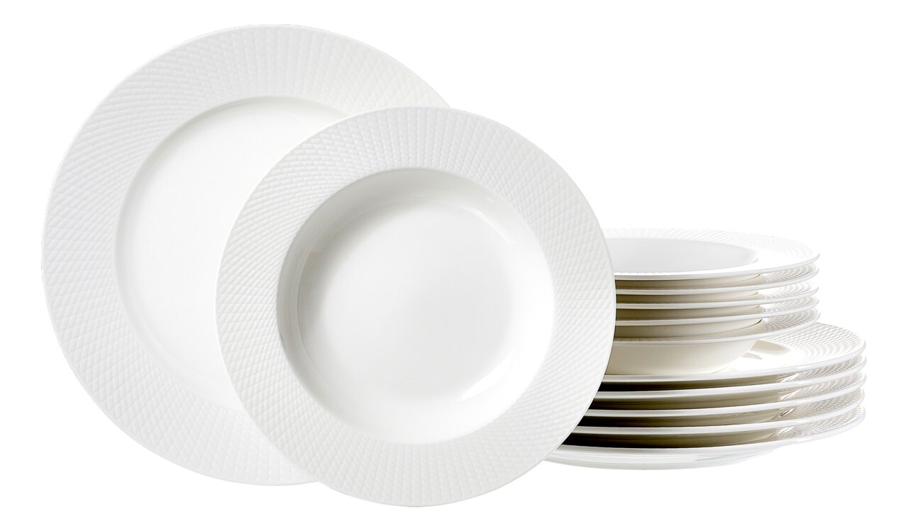 Ein 12-teiliges Tafelset aus weißem Porzellan mit elegantem Rillenmuster, seitliche Perspektive.