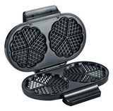 Doppel-Waffelautomat in geöffneter Perspektive, zeigt zwei herzförmige Waffelformen.