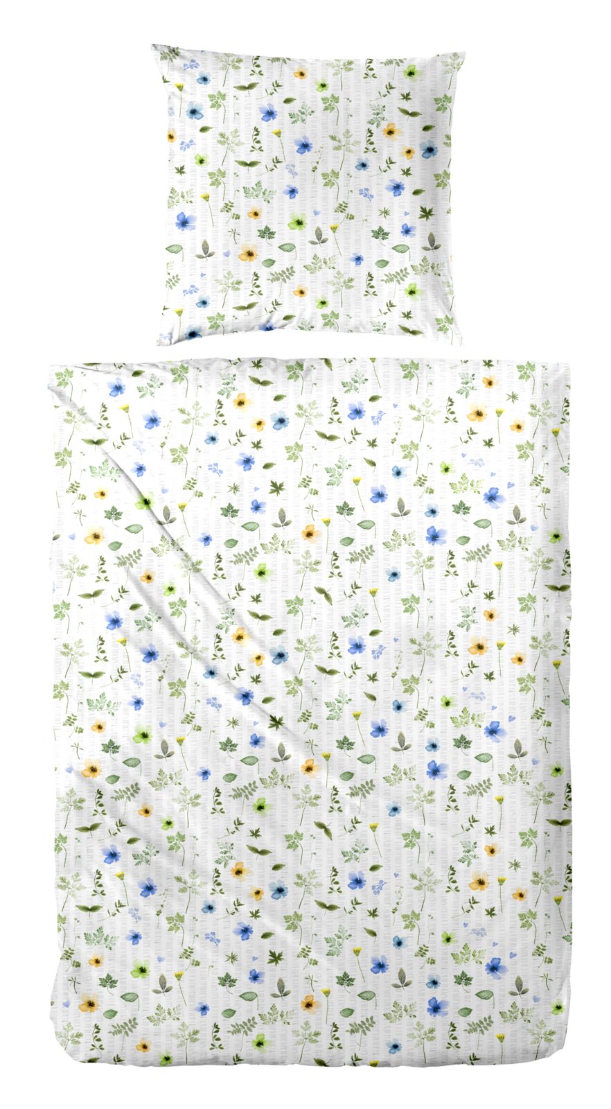 Bettwäsche-Set mit Kissen- und Deckenbezug in Weiß, bedruckt mit zarten grünen Blättern und kleinen blauen sowie gelben Blumen Draufsicht von oben.
