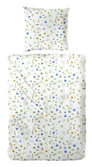 Bettwäsche-Set mit Kissen- und Deckenbezug in Weiß, bedruckt mit zarten grünen Blättern und kleinen blauen sowie gelben Blumen; Draufsicht von oben.