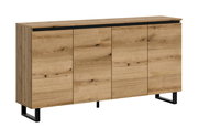 Holz-Sideboard mit vier Türen und schwarzen Metallbeinen, seitliche Perspektive