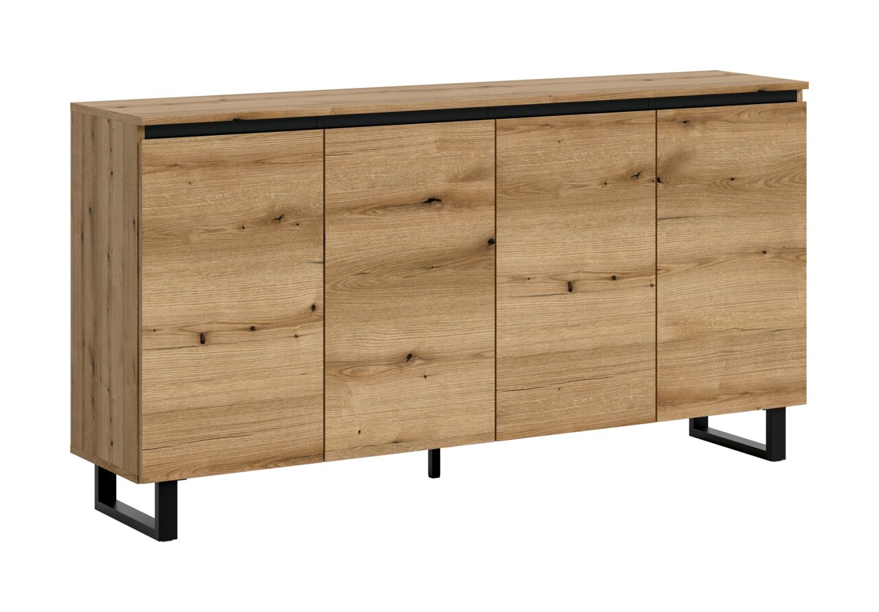 MID.YOU Sideboard TOMASA Holz-Sideboard mit vier Türen und schwarzen Metallbeinen, seitliche Perspektive