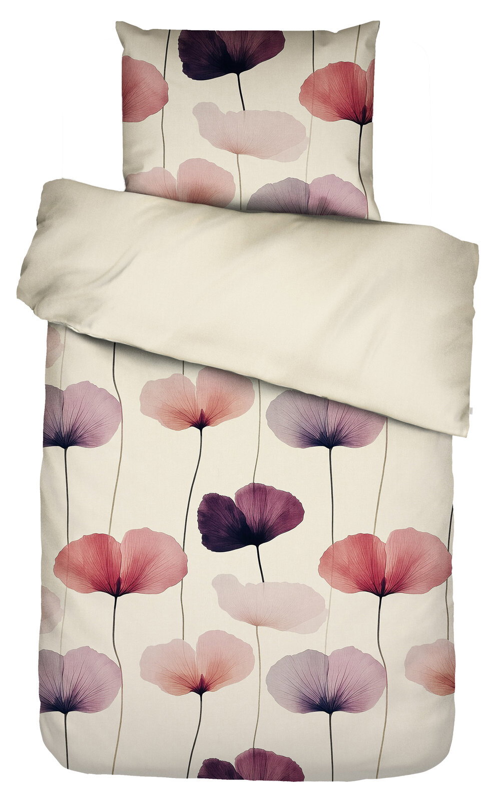 Bettwäsche-Set mit floralem Muster in Rosa-, Lila- und Koralltönen auf hellem Hintergrund, mit einfarbig heller Decke, Draufsicht von oben