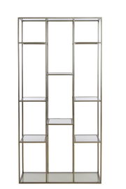 Modernes Standregal aus Metall mit mehreren offenen Fächern, frontal betrachtet.