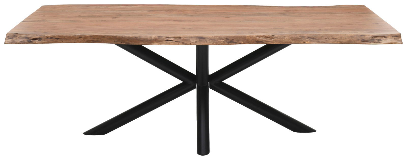 Moderner Esstisch mit natürlicher Holzplatte und schwarzem Metallgestell, Frontalansicht