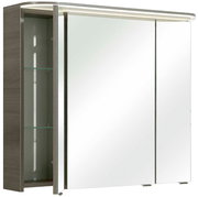 Moderner Spiegelschrank mit zwei Schiebetüren und seitlichem Regal, Perspektive von vorne links