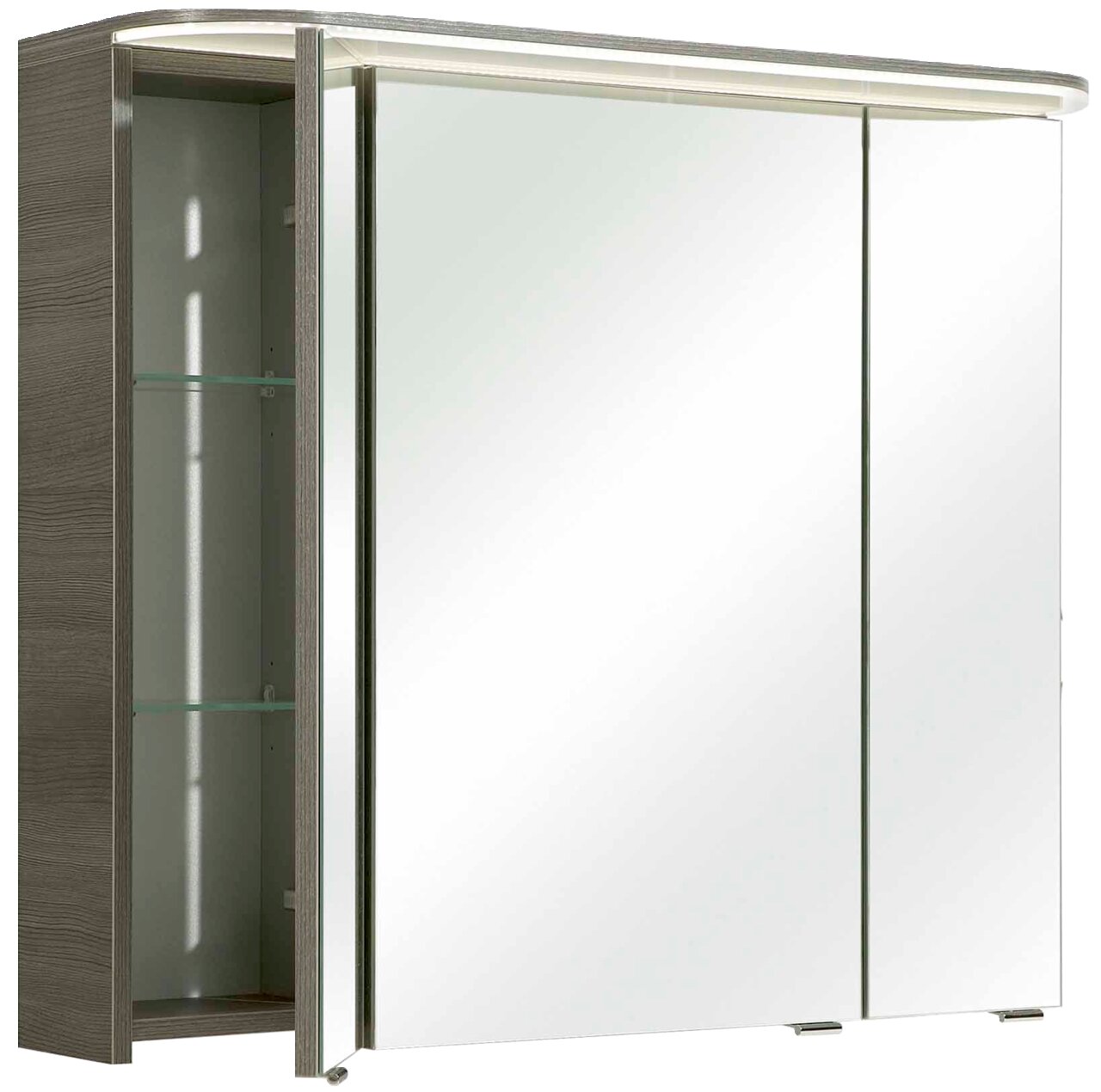 Moderner Spiegelschrank mit zwei Schiebetüren und seitlichem Regal, Perspektive von vorne links