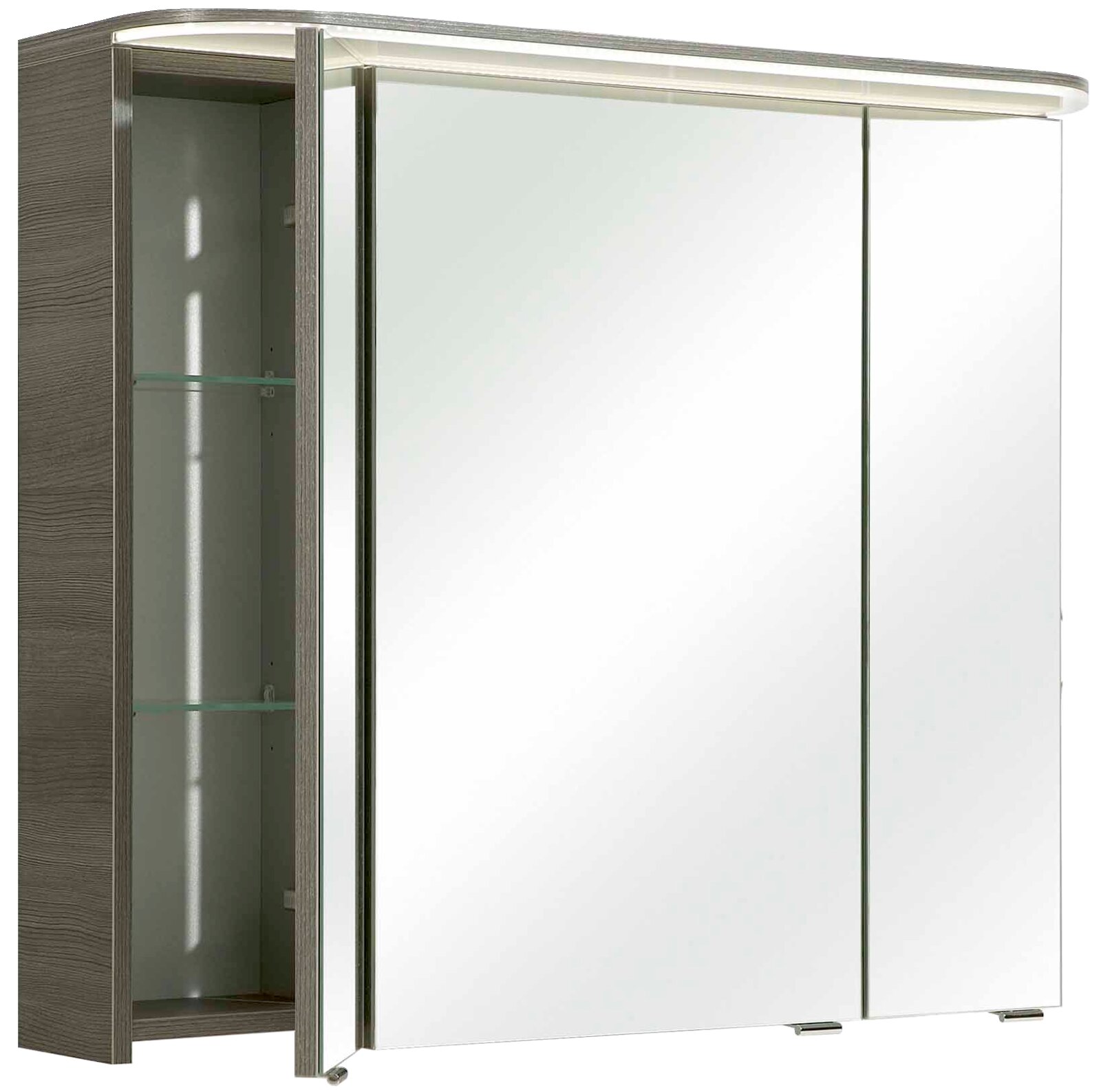 Moderner Spiegelschrank mit zwei Schiebetüren und seitlichem Regal, Perspektive von vorne links