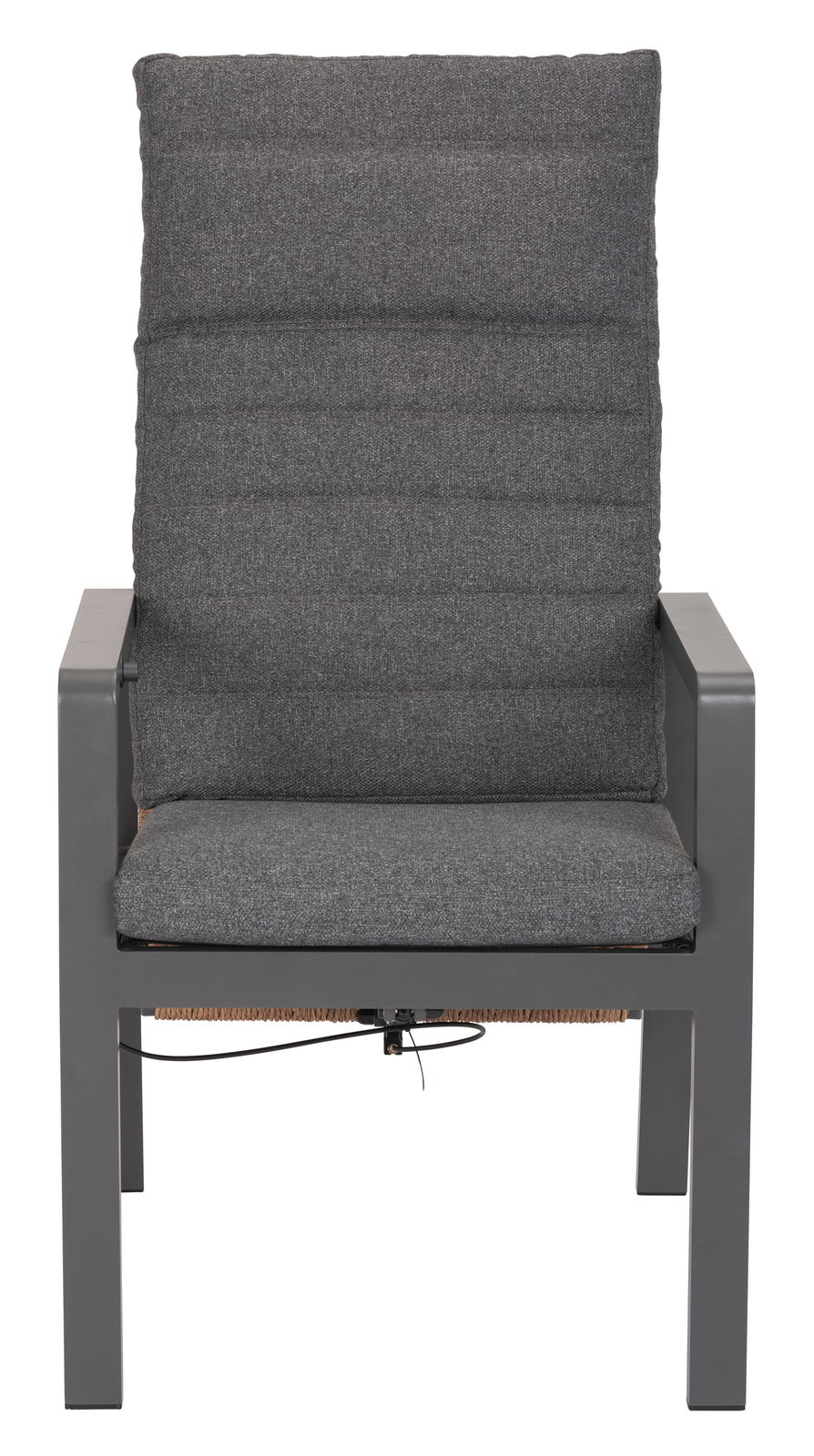 Grauer Loungesessel mit gepolsterter Rückenlehne und Sitzfläche, frontal fotografiert.