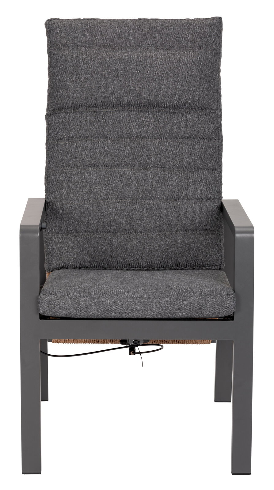 Grauer Loungesessel mit gepolsterter Rückenlehne und Sitzfläche, frontal fotografiert.