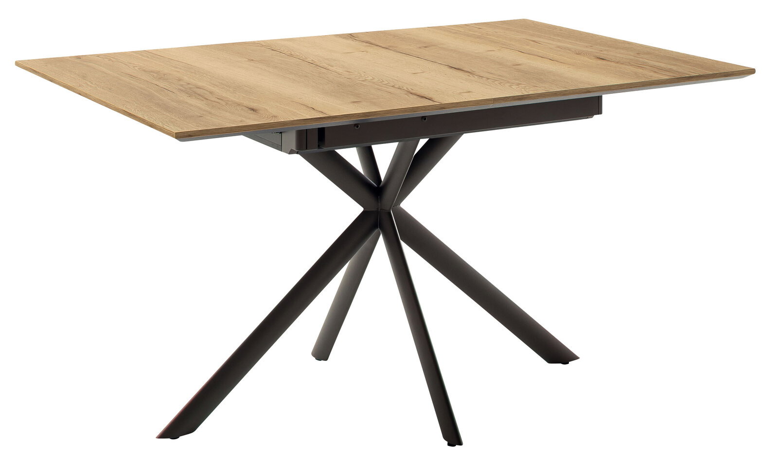 Moderner Esstisch mit Holzplatte und schwarzem Metallgestell, seitliche Perspektive