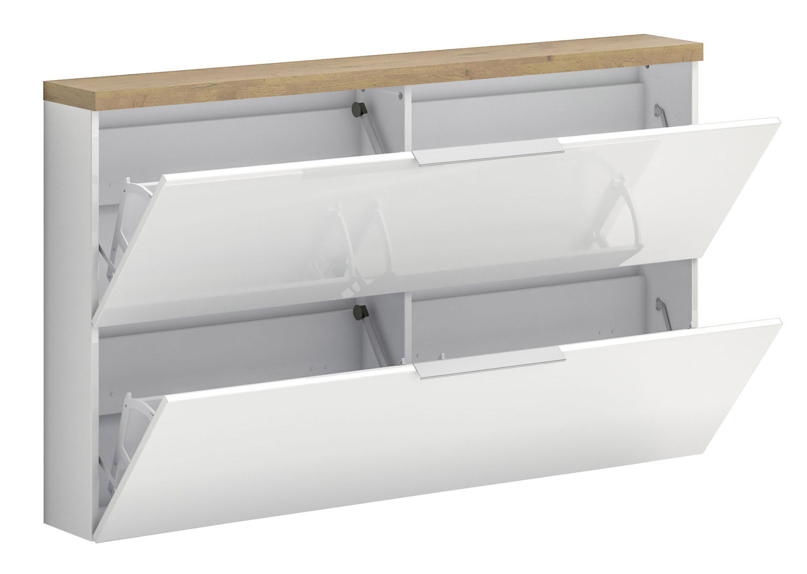 Hängeschuhschrank mit zwei aufklappbaren Fächern, weiße Front und Holzoberfläche, seitliche Perspektive