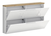 Hängeschuhschrank mit zwei aufklappbaren Fächern, weiße Front und Holzoberfläche, seitliche Perspektive
