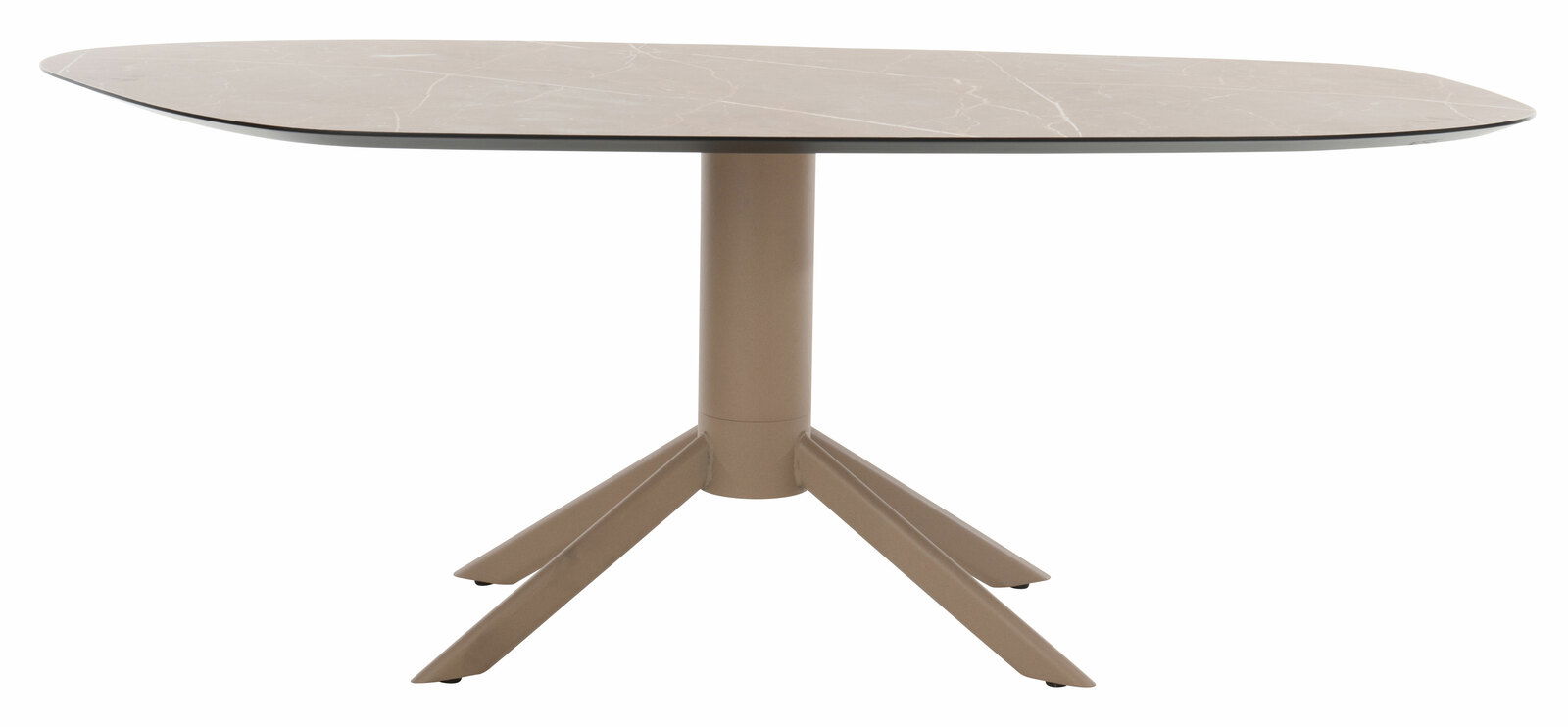 Moderner Esstisch mit ovaler Tischplatte und zentralem Standfuß, seitliche Perspektive