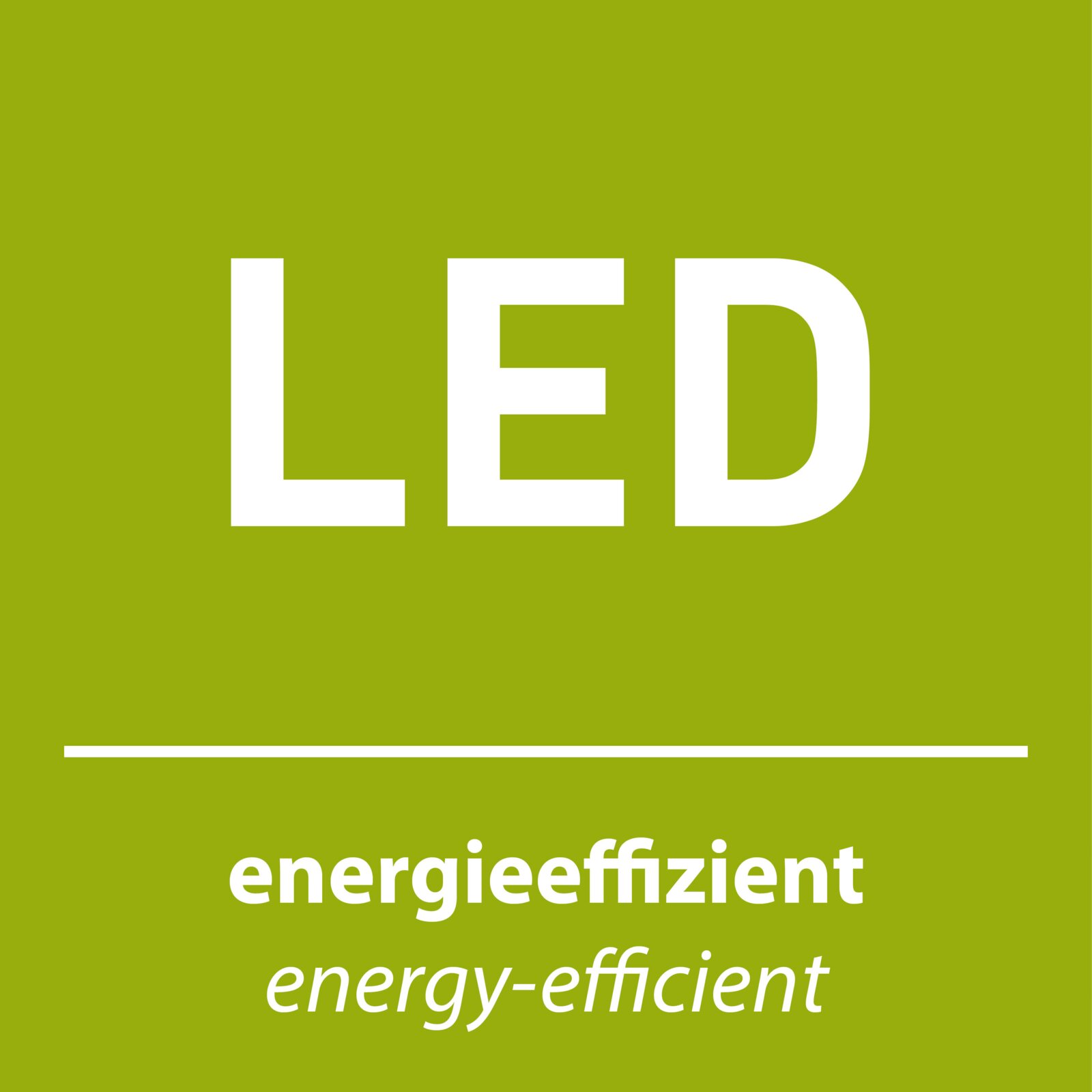 Grünes LED-Energieeffizienz-Label mit weißer Aufschrift „LED“ sowie „energieeffizient/energy-efficient“, frontale Ansicht.