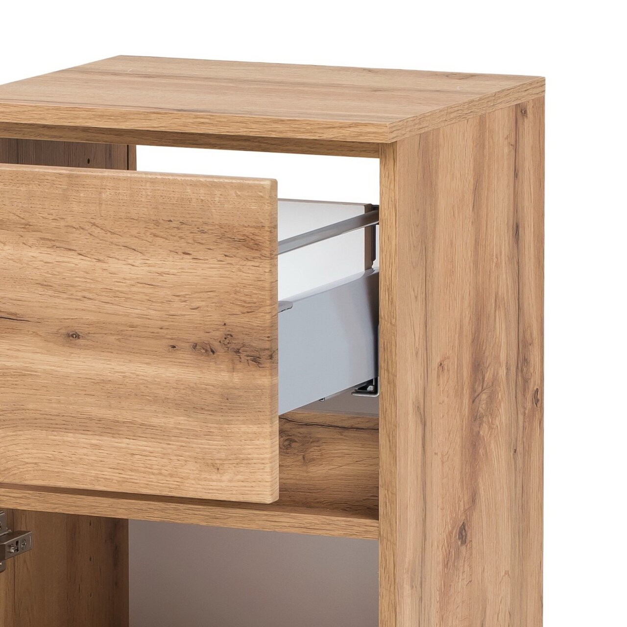 Houten onderkast met open lade, zijaanzicht
