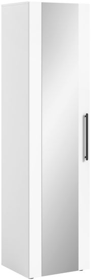 Moderner Spiegelschrank in Weiß mit schwarzem Griff, seitliche Perspektive