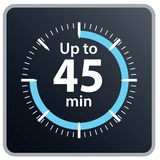 Symbolbild einer Uhr mit der Aufschrift 'Bis zu 45 Minuten', Vorderansicht