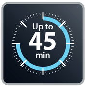 Symbolbild einer Uhr mit der Aufschrift 'Bis zu 45 Minuten', Vorderansicht