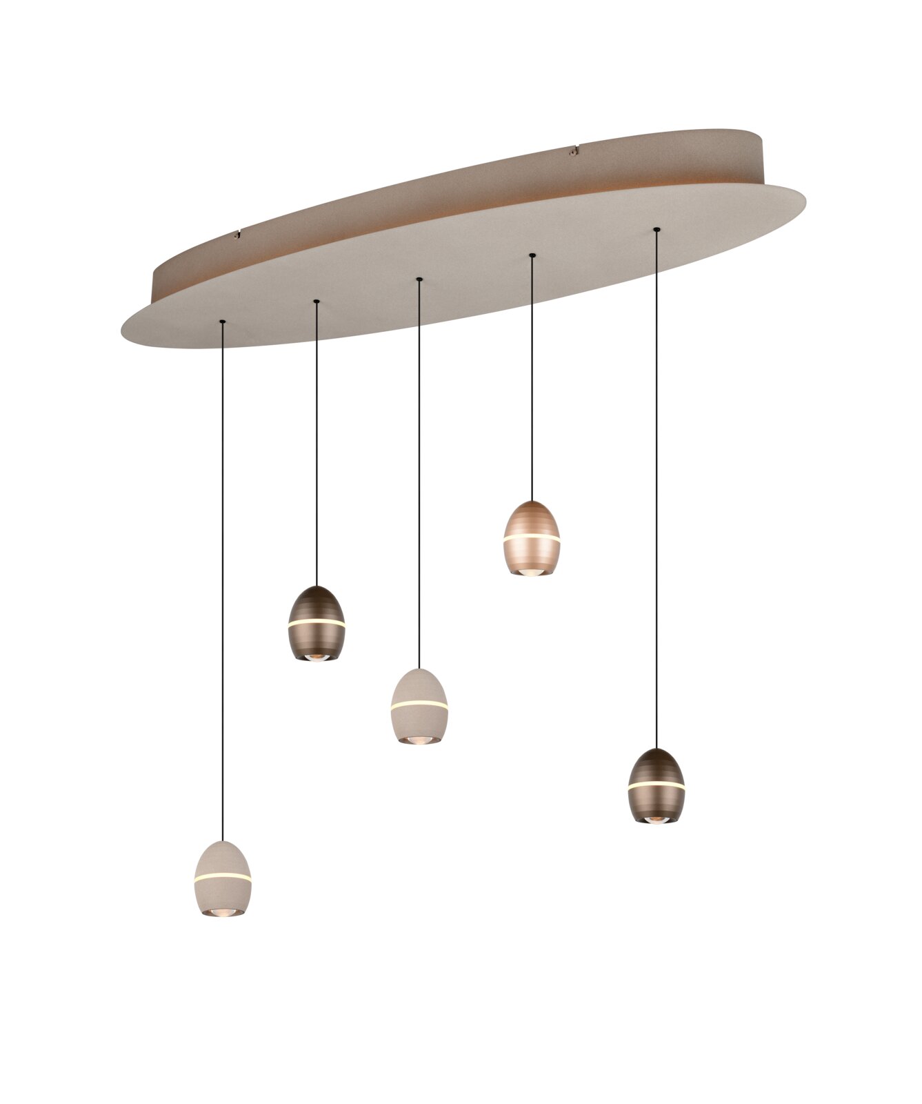 TRIO SELECT LED-hanglamp BEDFORD Moderne ovale plafondlamp met vijf hangende, eivormige pendelspots in neutrale tinten aan zwarte kabels, productfoto in schuin onderaanzicht tegen witte achtergrond