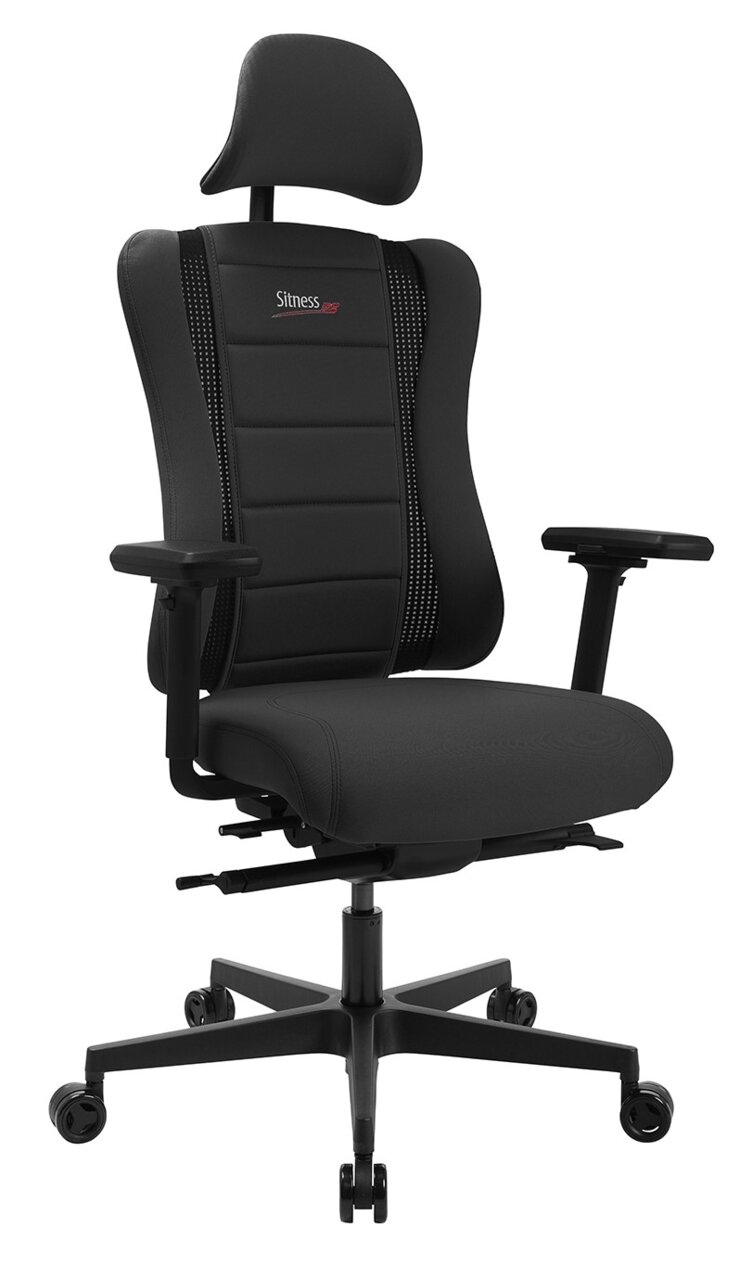 Schwarzer Gaming Stuhl mit Kopfstütze und Armlehnen, seitliche Perspektive