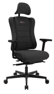 Schwarzer Gaming Stuhl mit Kopfstütze und Armlehnen, seitliche Perspektive