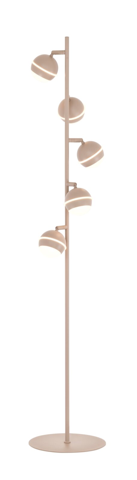 Vooraanzicht van een moderne beige vloerlamp met slanke standaard, ronde voet en vijf bolvormige lampenkappen met warm licht.